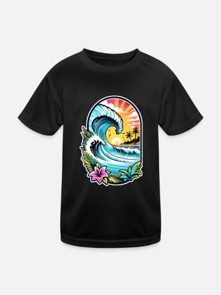 Surfing Beach Palm Tree Sunshine Holidays - Kids Functional T-Shirt - black - Front