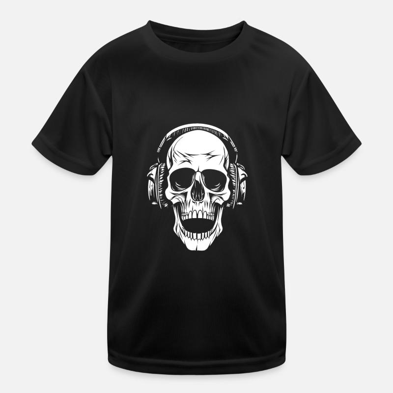 Totenkopf mit Kopfhörern - Kinder Funktions-T-Shirt - Schwarz