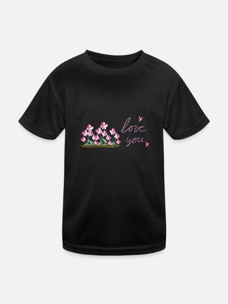fleurs roses Je t’aime coeur - T-shirt sport Enfant - noir - Devant