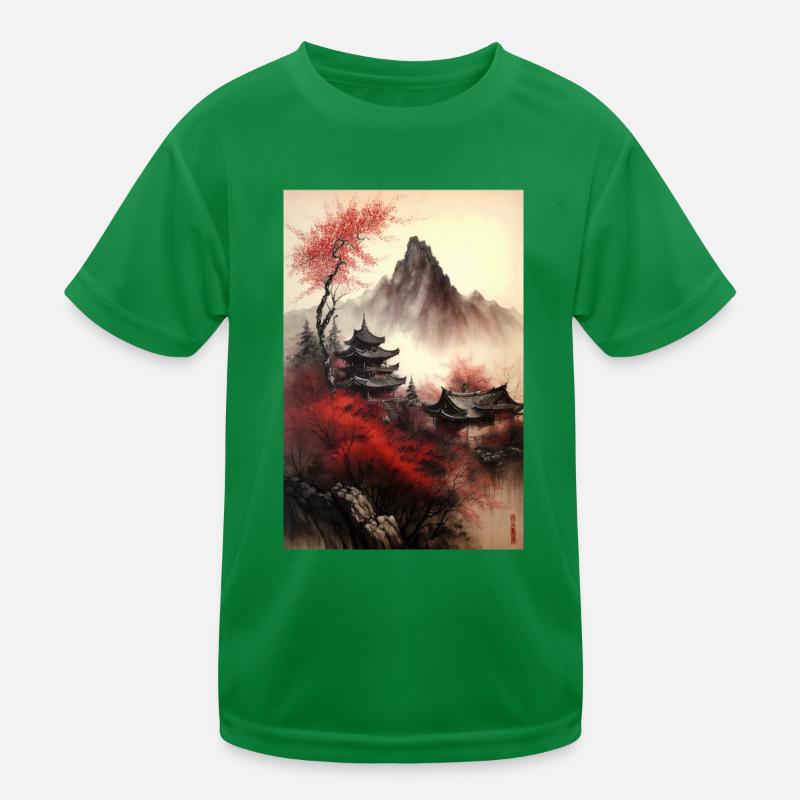 Chinesische Landschaft Rote Schwarze Tinte Tempel Kinder Funktions-T-Shirt
