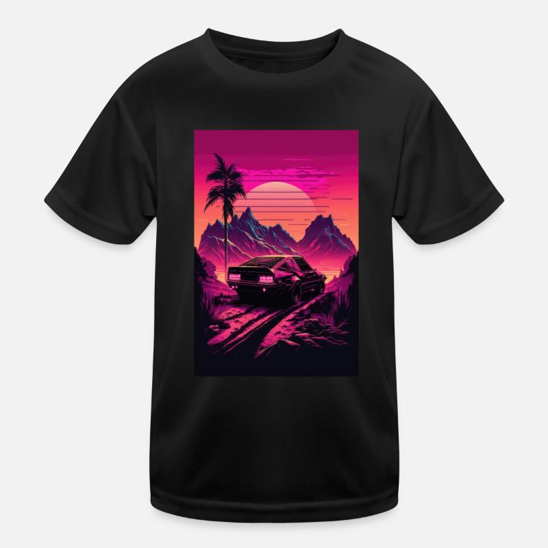 Synthwave Landshaft Rennauto Retro Sonne Palmen Kinder Funktions-T-Shirt