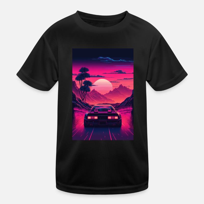 Synthwave Landshaft Rennauto Retro Sonne Palmen Kinder Funktions-T-Shirt