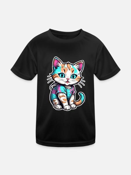 Kawaii Watercolor Cat - Kids Functional T-Shirt - black
