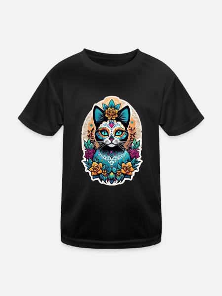 Katze Mexiko - Dia de los Muertos - Kinder Funktions-T-Shirt - Schwarz