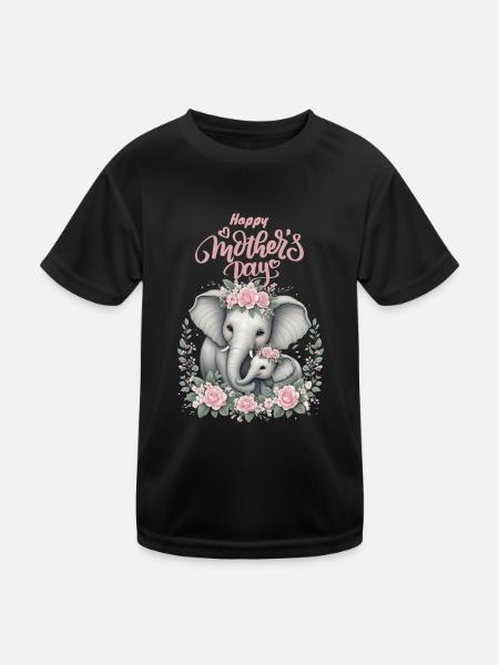 Mother's Love Elephant & Calf Floral Wreath - Kinder Funktions-T-Shirt - Schwarz - Vorne