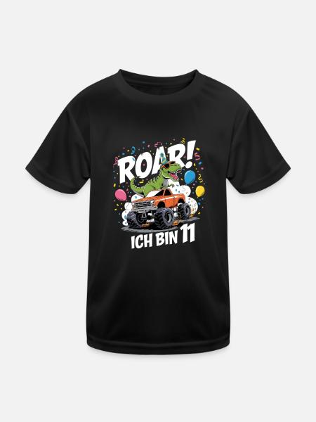 11. Geburtstag 11 Jahre Dino Monstertruck Fan - Kinder Funktions-T-Shirt - Schwarz - Vorne