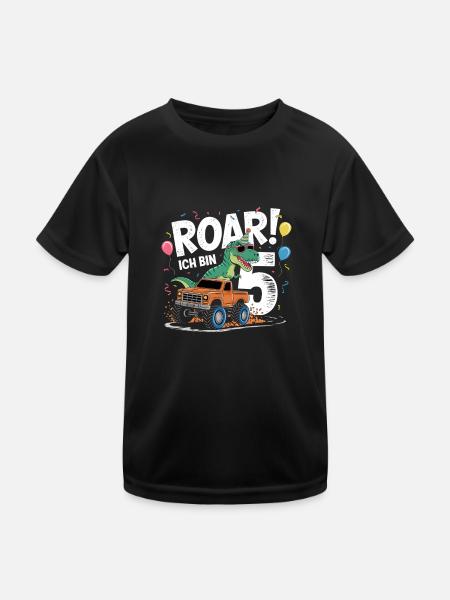 5. Geburtstag 5 Jahre Dino Monstertruck Fan - Kinder Funktions-T-Shirt - Schwarz - Vorne