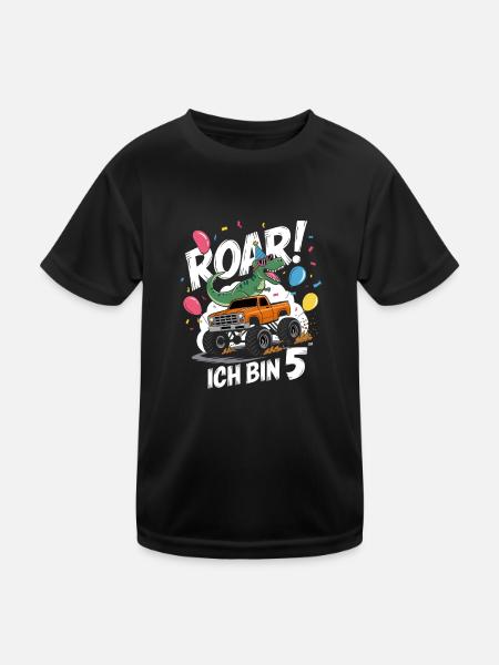 5. Geburtstag 5 Jahre Dino Monstertruck Fan - Kinder Funktions-T-Shirt - Schwarz - Vorne