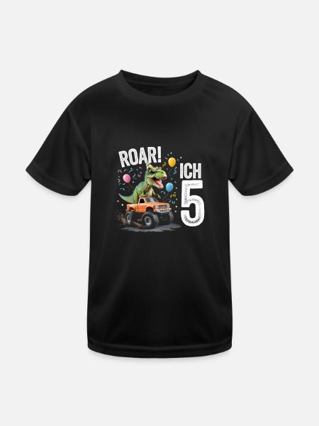 5. Geburtstag 5 Jahre Dino Monstertruck Fan - Kinder Funktions-T-Shirt - Schwarz - Vorne