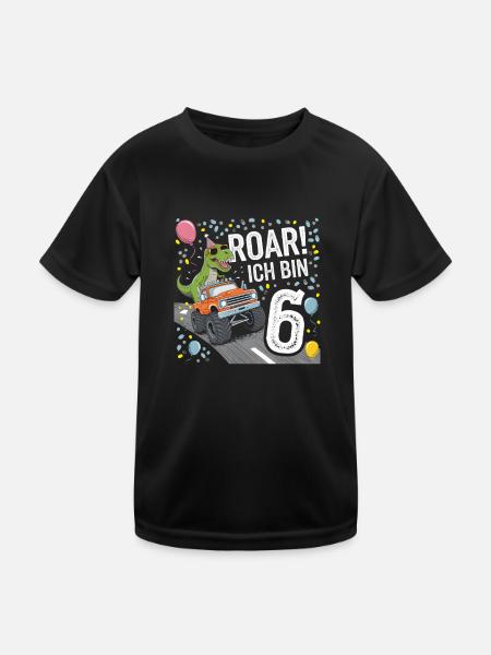 6th Birthday 6 Years Dino Monster Truck Fan - Kids Functional T-Shirt - black - Front