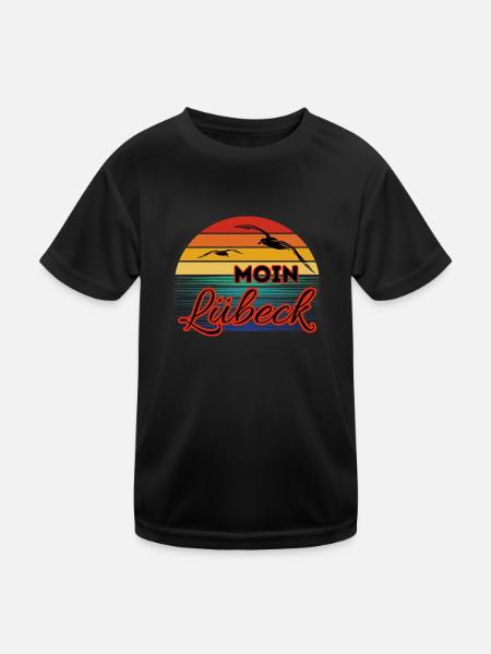 Moin Lübeck mit Möwe im Retro Style - Kinder Funktions-T-Shirt - Schwarz - Vorne