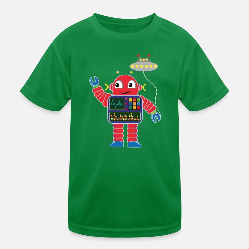 Kleiner roter Roboter mit Raumschiff Kinder Funktions-T-Shirt