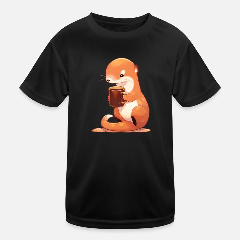Cute Mongoose holding coffeev - Kids Functional T-Shirt - black