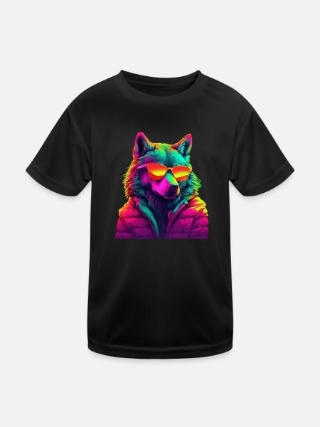Wolf mit Sonnenbrille Wölfe Raubtier Natur Wald - Kinder Funktions-T-Shirt - Schwarz - Vorne
