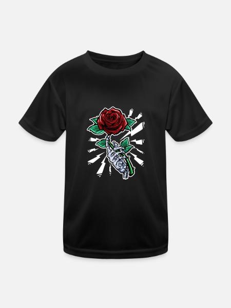 Tattoo Skeleton Hand Red Rose Flower - Kids Functional T-Shirt - black - Front