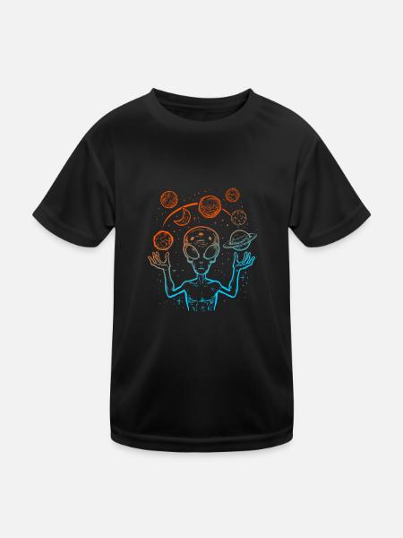 UFO Alien Juggling Planets Space - Kids Functional T-Shirt - black - Front