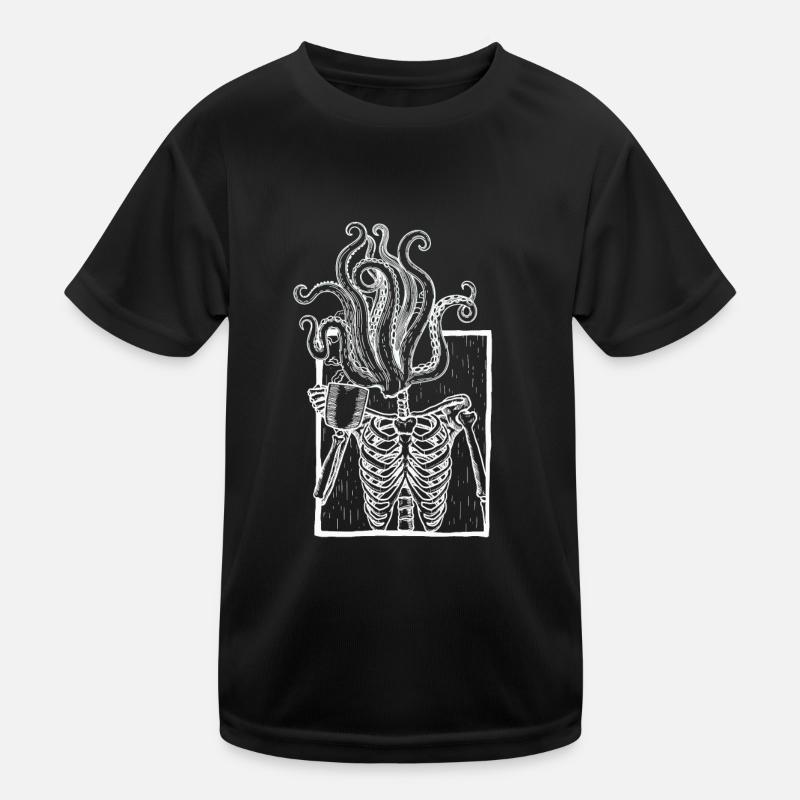 Kaffee trinkendes Skelett mit Tentakel Kopf Kinder Funktions-T-Shirt
