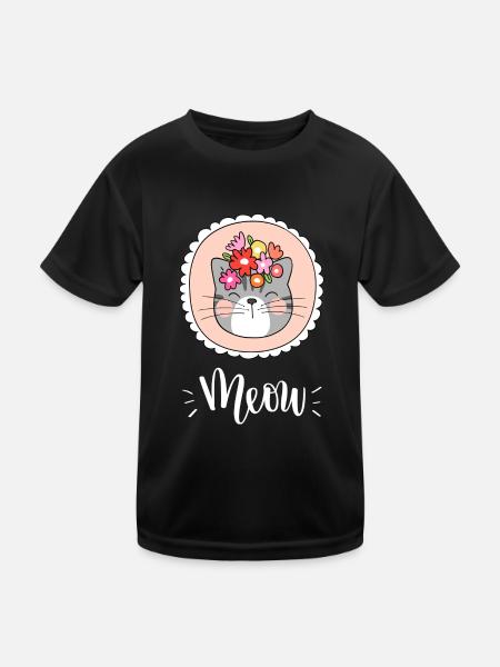Niedliche Kawaii lustige Katze mit Blumen, die Miauen sagen - Kinder Funktions-T-Shirt - Schwarz - Vorne