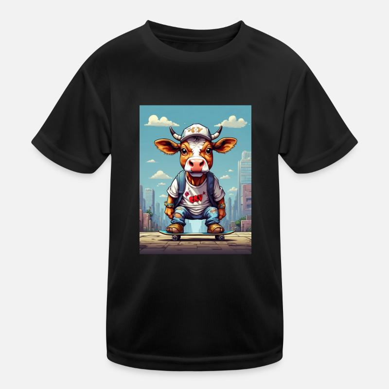 Comic Kuh auf Skateboard Kinder Funktions-T-Shirt
