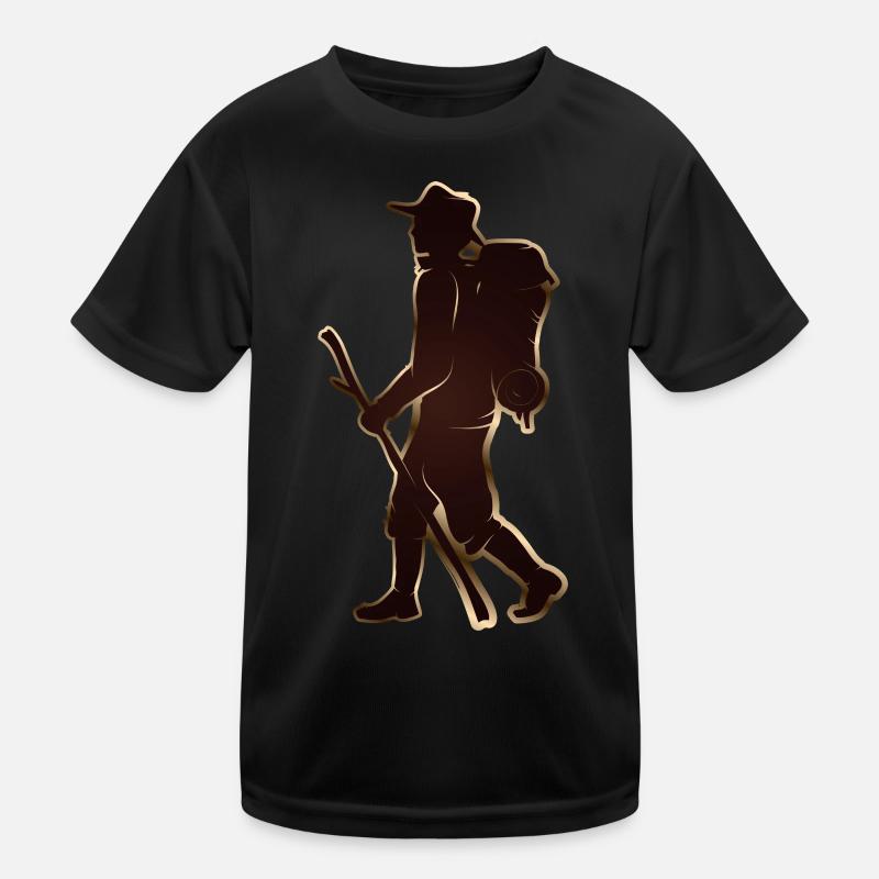 Pilgrim or hiker with walking stick & backpack Kids Functional T-Shirt