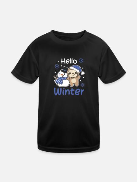 Sloth Hello Winter Snowman Snow Christmas - Kids Functional T-Shirt - black - Front