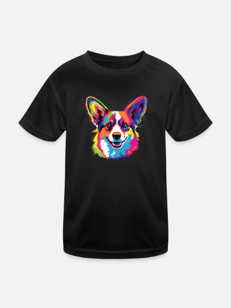 Watercolor Colorful Pembroke Welsh Corgi - Kids Functional T-Shirt - black - Front