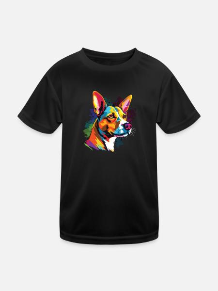 Wasserfarben Farbenfroher Basenji - Kinder Funktions-T-Shirt - Schwarz - Vorne