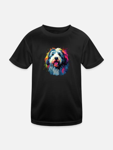 Wasserfarben Farbenfroher Old English Sheepdog - Kinder Funktions-T-Shirt - Schwarz - Vorne