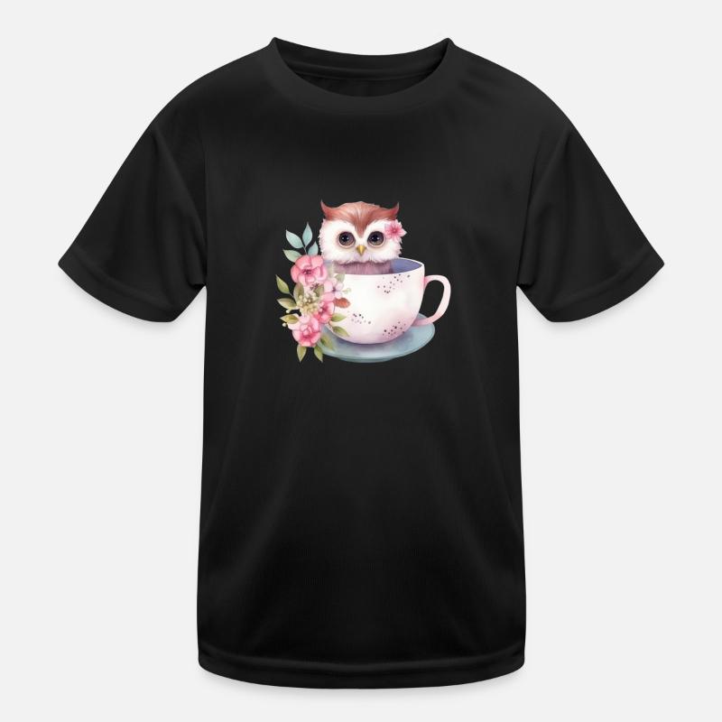 Niedliche rosa Baby-Eule mit Blumen in einer Tasse Kinder Funktions-T-Shirt