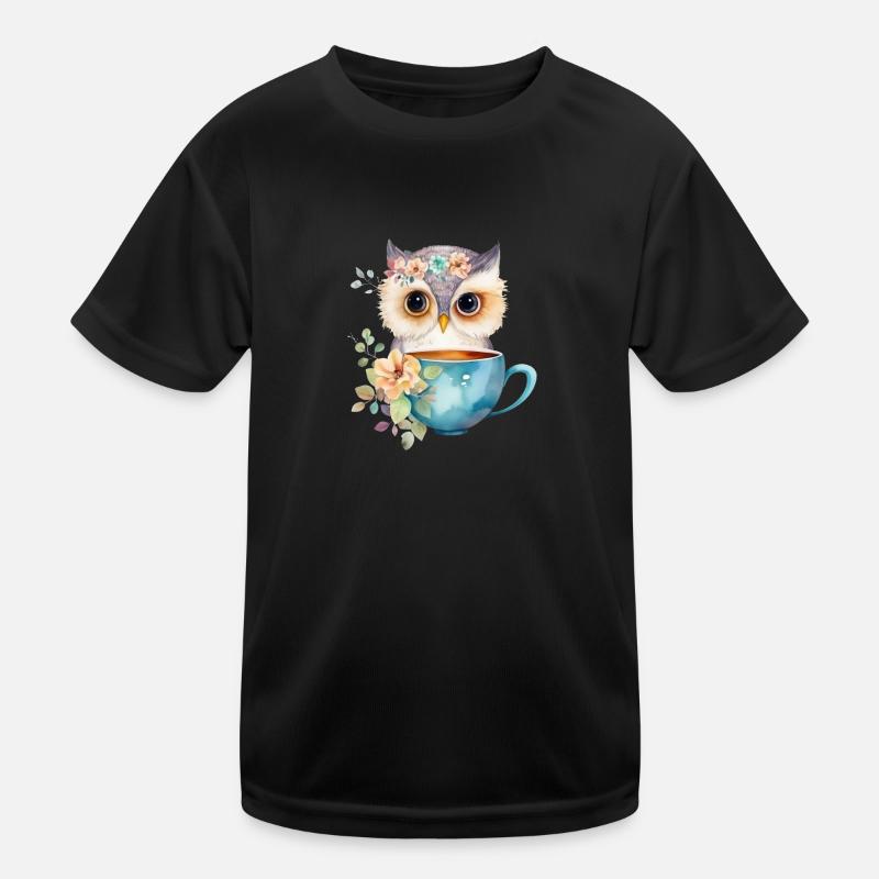 Niedliche Eule mit Kaffee und Blumen Kinder Funktions-T-Shirt