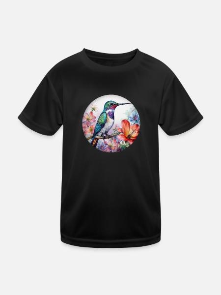 Bel oiseau colibri avec des fleurs à motifs floraux - T-shirt sport Enfant - noir - Devant
