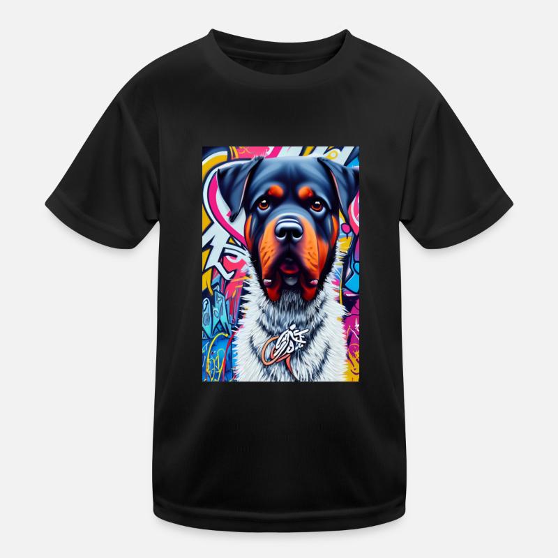 Chien rottweiler en manteau de fourrure devant les graffitis |Pop Art T-shirt sport Enfant