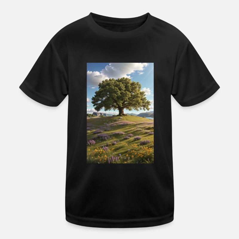 Oak tree on wildflower meadow - Kids Functional T-Shirt - black