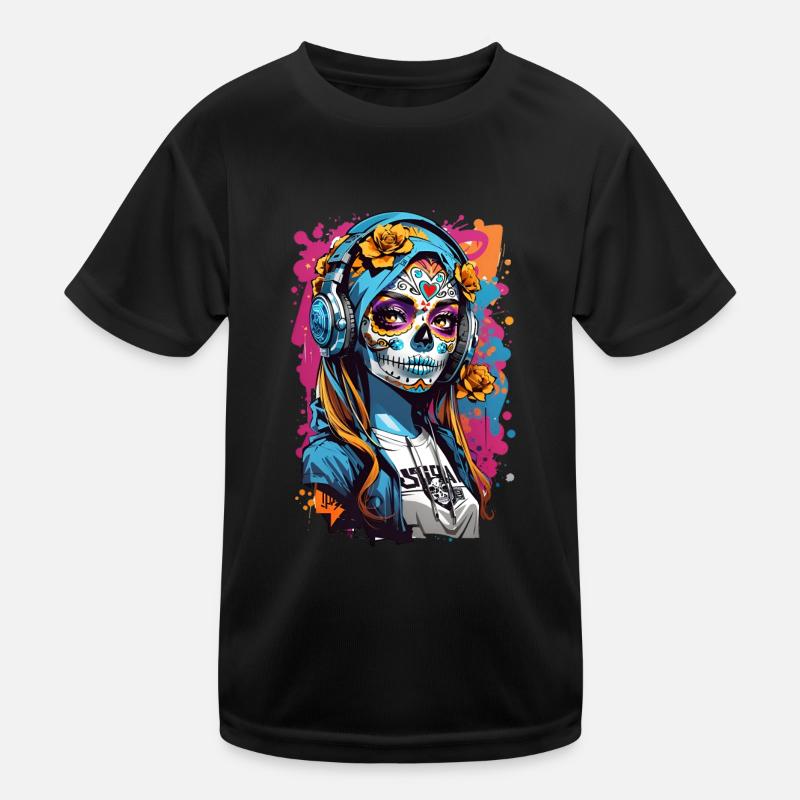 Totenkopfmädchen mit Kopfhörern - Kinder Funktions-T-Shirt - Schwarz