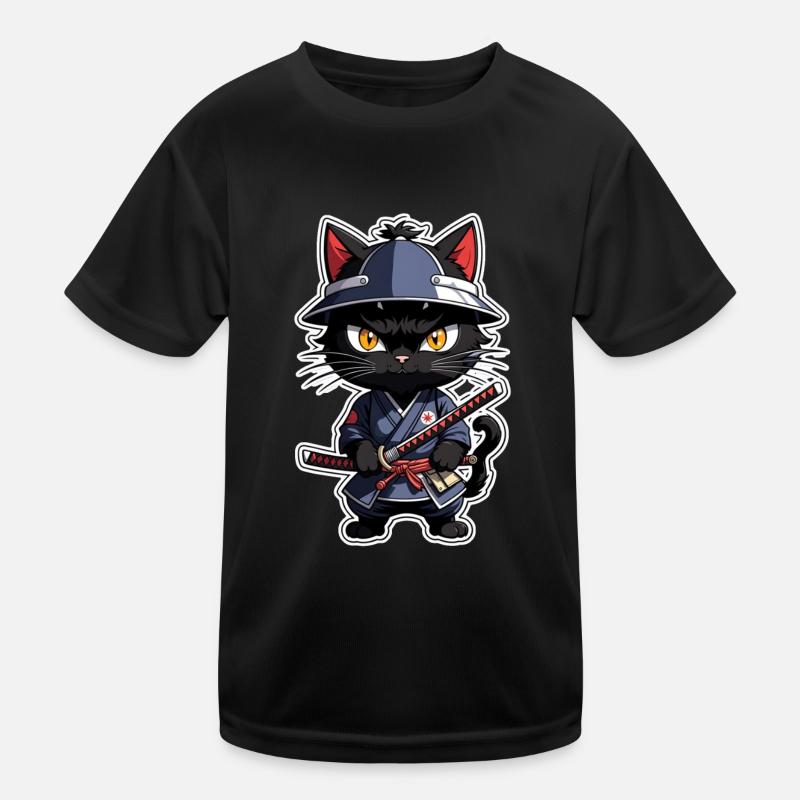 Ninja Cat - Samurai Kitten - Kids Functional T-Shirt - black