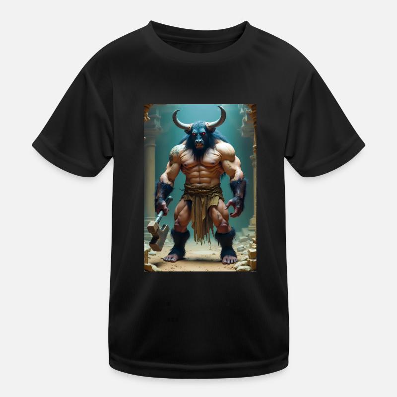 Minotaur, massive bull-headed warrior gripping axe - Kids Functional T-Shirt - black