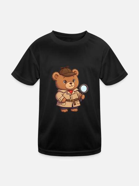 Teddybär Detektiv - Kinder Funktions-T-Shirt - Schwarz - Vorne