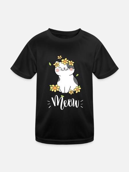 Chat mignon kawaii drôle avec des tournesols disant miaulement - T-shirt sport Enfant - noir - Devant