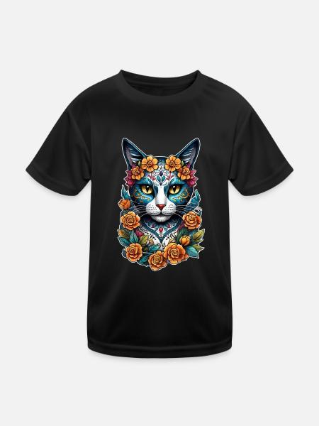 Katze Mexiko - Dia de los Muertos - Kinder Funktions-T-Shirt - Schwarz