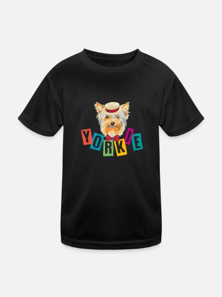 Lustiger Yorkie mit Hut und Schleife - Kinder Funktions-T-Shirt - Schwarz - Vorne