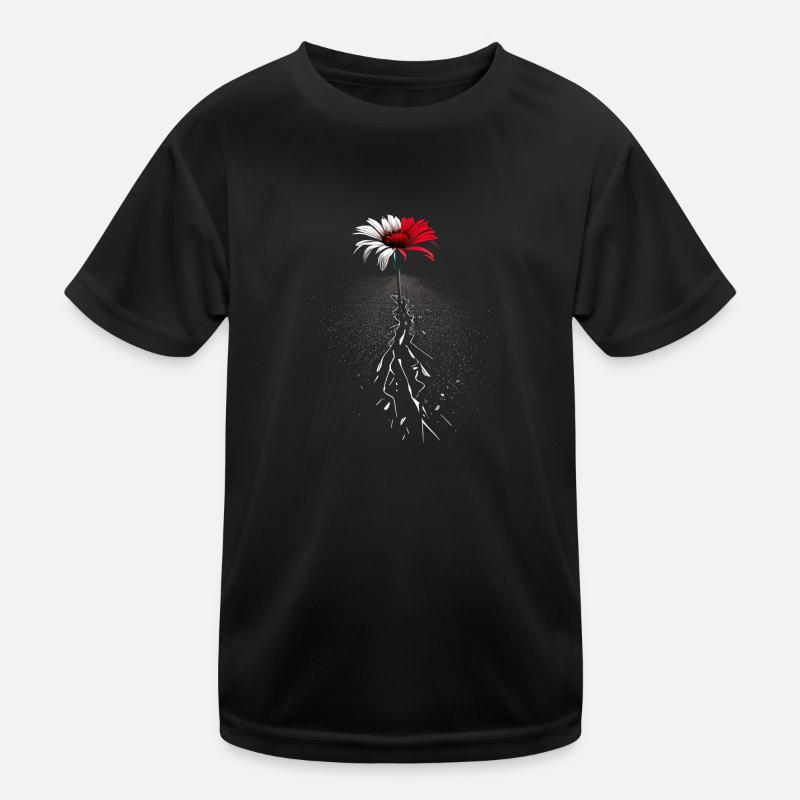Rot weiße Blume bricht durch den Asphalt Straße Kinder Funktions-T-Shirt