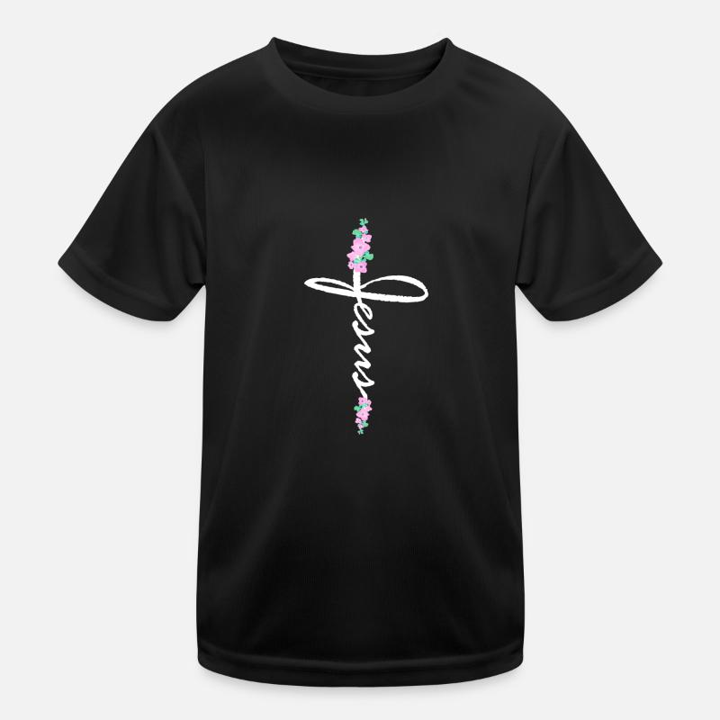 Jésus croix lettrage avec des fleurs T-shirt sport Enfant
