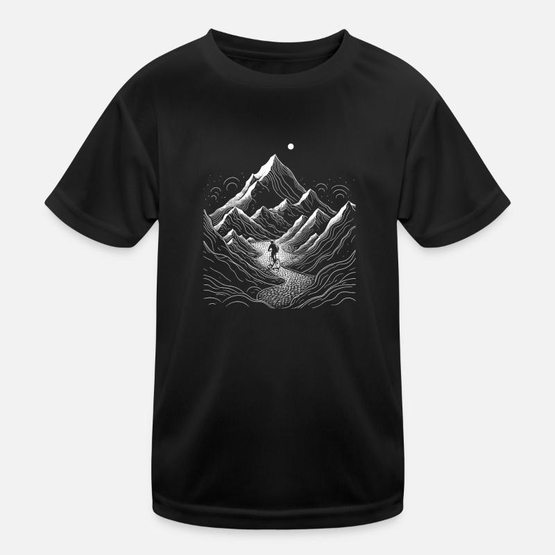 Mountainbiker fährt durch die Berge - Lineart Kinder Funktions-T-Shirt