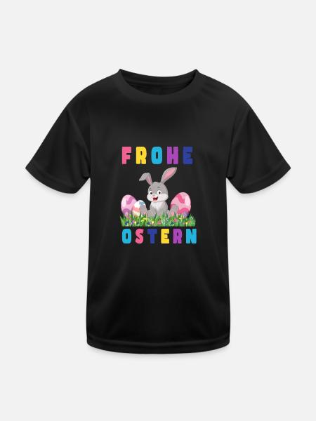 Frohe Ostern Hase bunte Eier - Kinder Funktions-T-Shirt - Schwarz - Vorne