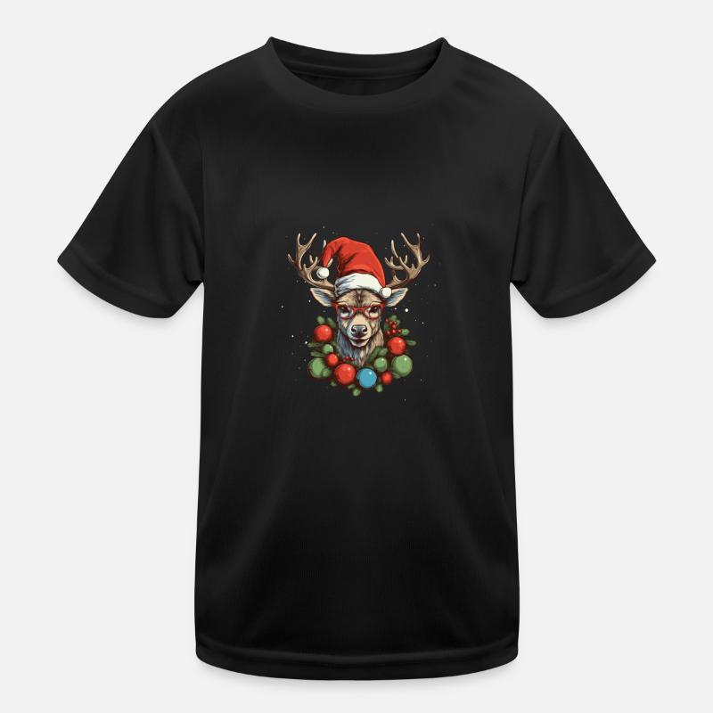Rentier mit Weihnachtskugeln und Mütze Kinder Funktions-T-Shirt