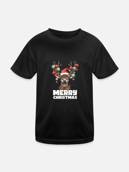 Renne avec boules de Noël et chapeau - T-shirt sport Enfant - noir - Devant