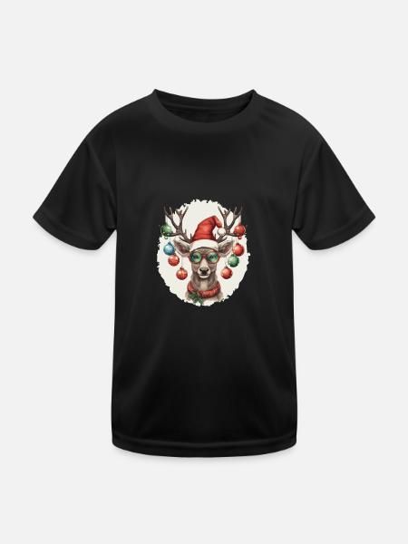 Renne avec boules de Noël et chapeau - T-shirt sport Enfant - noir - Devant