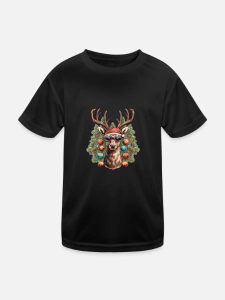 Renne avec boules de Noël et chapeau - T-shirt sport Enfant - noir - Devant