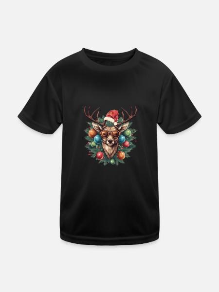 Renne avec boules de Noël et chapeau - T-shirt sport Enfant - noir - Devant