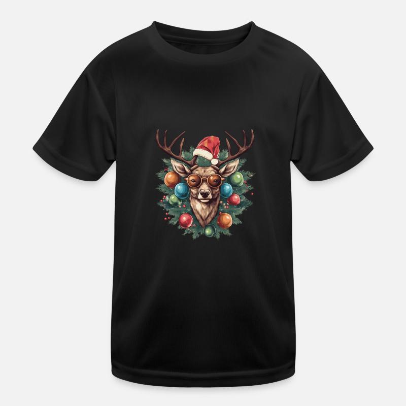 Rentier mit Weihnachtskugeln und Mütze Kinder Funktions-T-Shirt